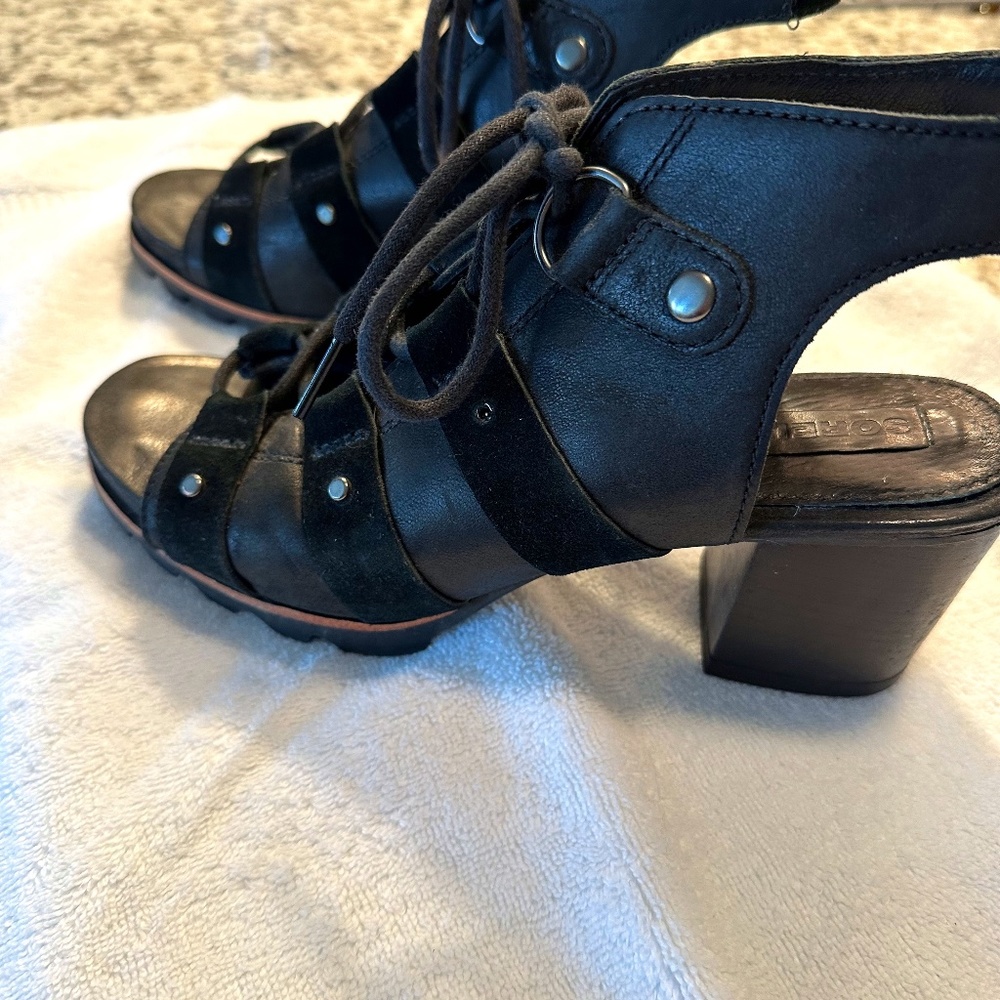 Sorel Women’s Addington black leather lace up studded high heel